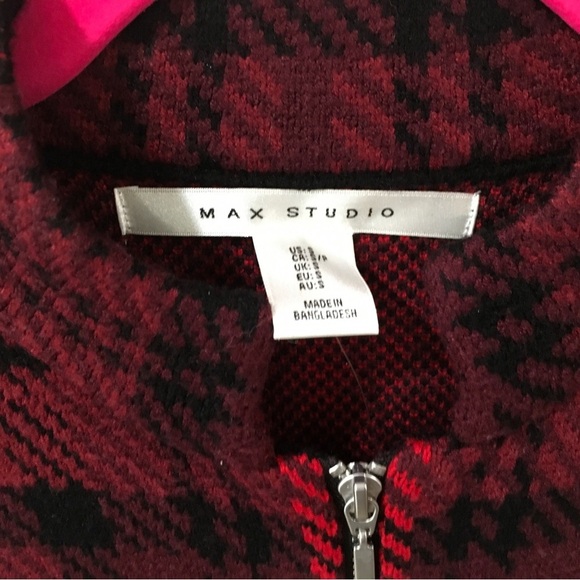 Max Studio Knit Sweater Plaid Houndstooth zip Heavyweight Red Black Small new - Picture 4 of 5